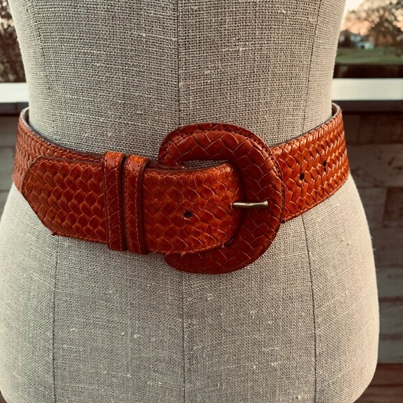 Vintage 90s Ports International Braided Orange Leather Wide Statement Waist Belt - Picture 1 of 14